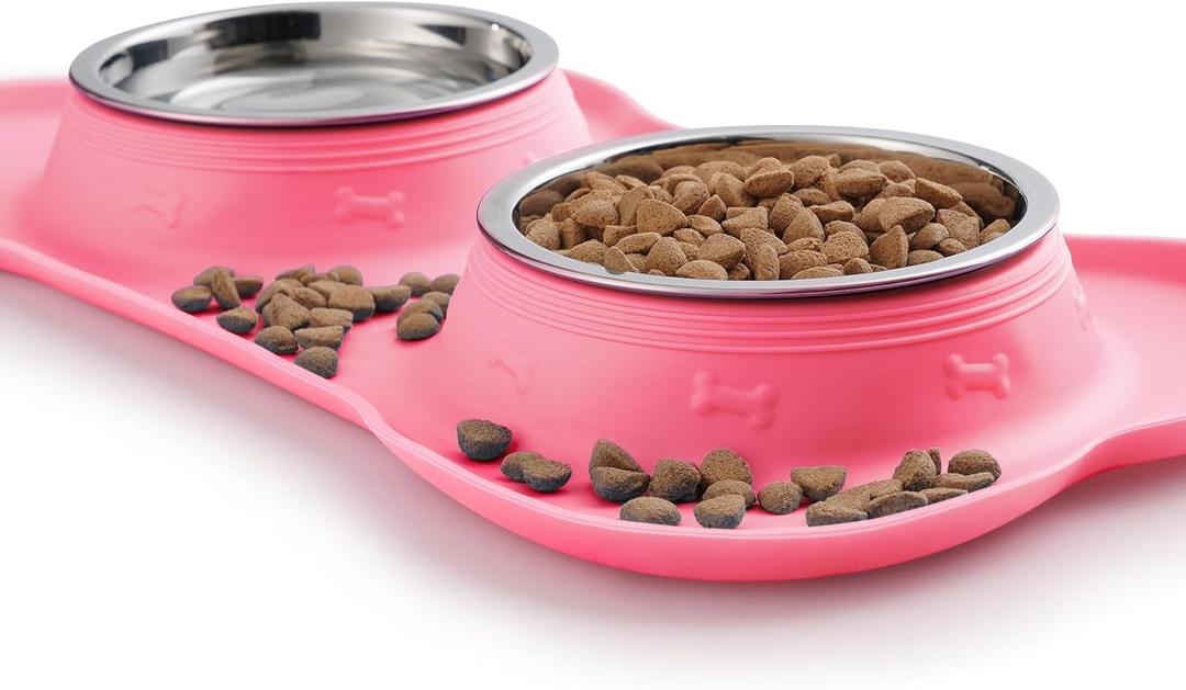 Hubulk Pet Dog Bowls 2 Stainless Steel Dog Bowl with No Spill Non-Skid Silicone Mat + Pet Food Scoop Water and Food Feeder Bowls for Feeding Small Dogs Cats Puppies (S, Pink)