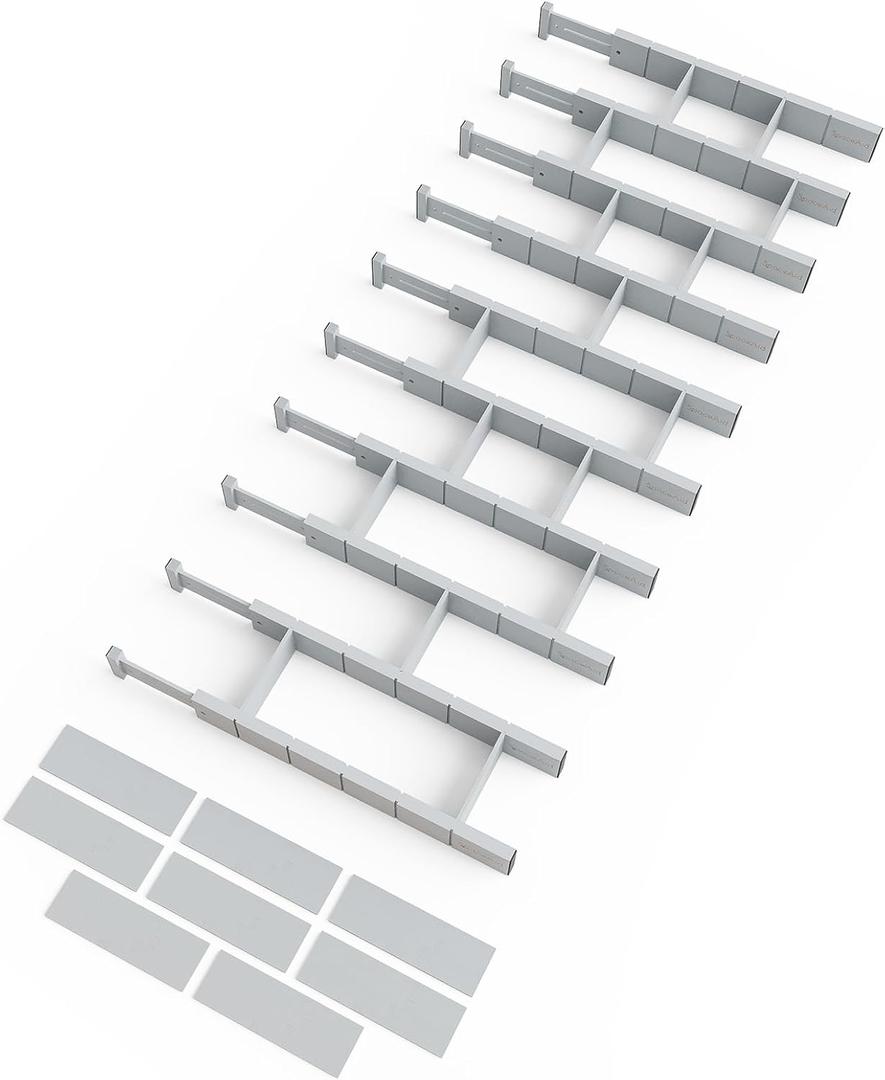 SpaceAid Bamboo Drawer Dividers with Inserts and Labels, Kitchen Adjustable Drawer Organizers, Expandable Organization for Home, Office, Dressers, 10 Dividers with 24 Inserts (17"-22" Gray)