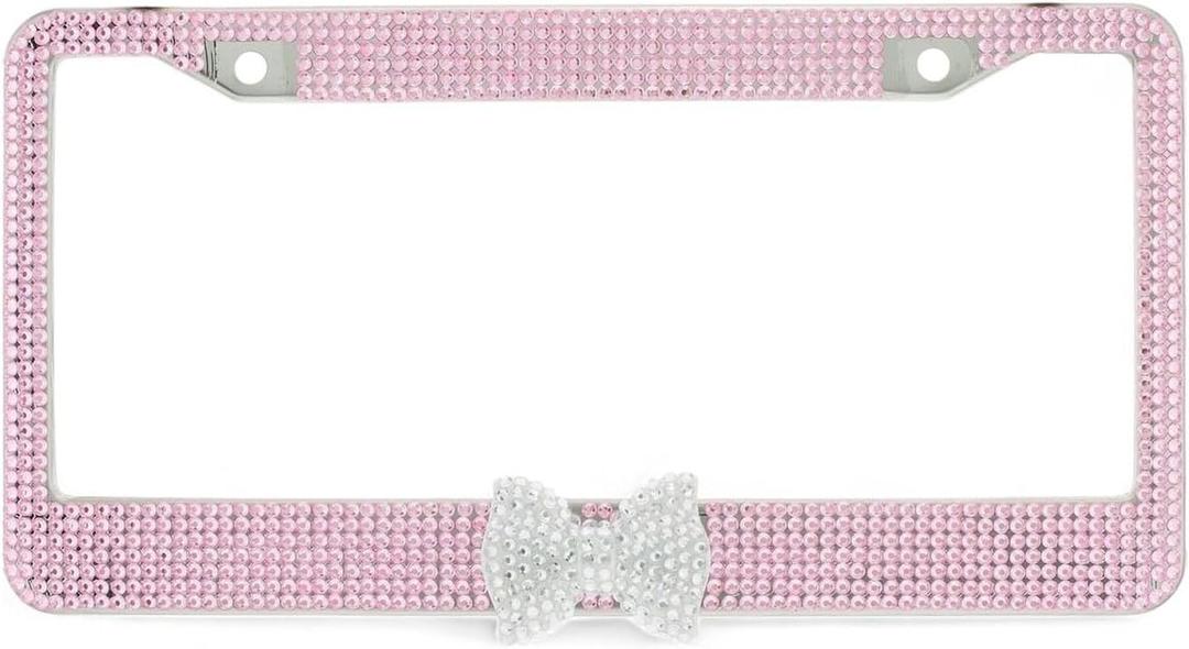 License Frame Pink 7 Rows Bling Diamond Crystal with Clear Bow Tie Aluminum Rust-Resistant License Holder Sturdy Build Decorative Style Classic Durable Registration Number Frame