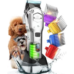 oneisall Professional Dog Grooming Clippers: Cordless Rechargeable Thick Hair Clipper with Detachable Metal Combs, Low Noise Heavy-Duty Pet Clippers for Curly/Fine/Wavy Hair, 676pro (Silver)