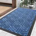 Smiry Front Door Mat Outside Entrance, Heavy Duty Sturdy Natural Rubber Doormat, Trap Dirt and Moisture, Easy Clean Low Profile Mats for Indoor Outdoor Entry, Grid Geometric (29.5x17, Blue)