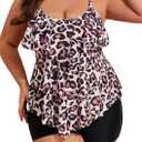 B2prity Women Plus Size Tankini Swimsuits Tummy Control Two Piece Bathing Suit Ruffled Flounce Swimwear with Shorts (X-Large, Leopard)