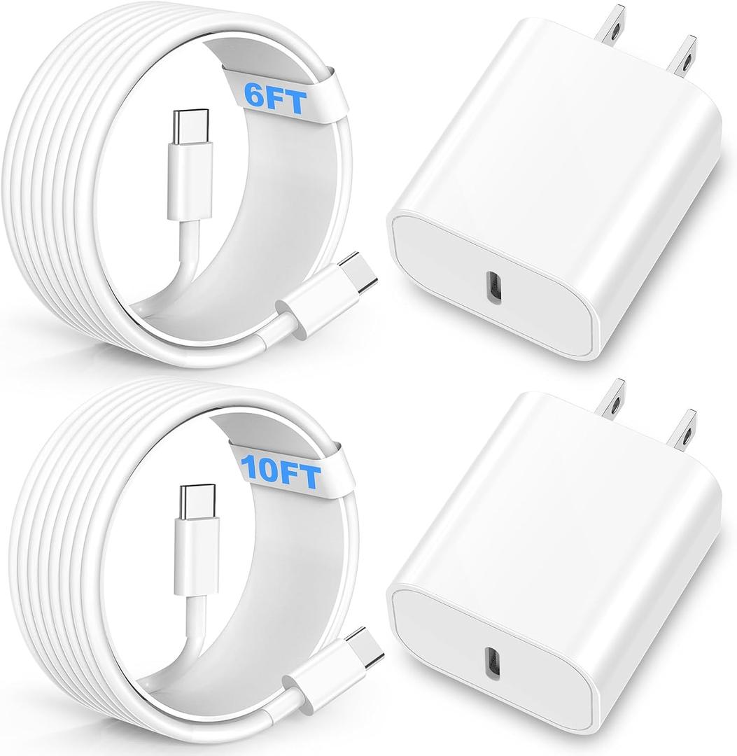 Compatible with i Phone 16 15 17 Charger, 2Pack 20W Fast Charging Wall Charger Block Cubes with 6/10FT USB C to USB C Cable Compatible with i Phone 16/Plus/Pro Max/15/Plus/Pro Max/iPad Pro - White