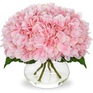 Hollyone Hydrangea Artificial Flowers with Glass Vase Pink Silk Faux Flowers Arrangements with Clear Faux Water Fake Floral Bulk Bouquet for Home Decor Table Centerpiece Decorations