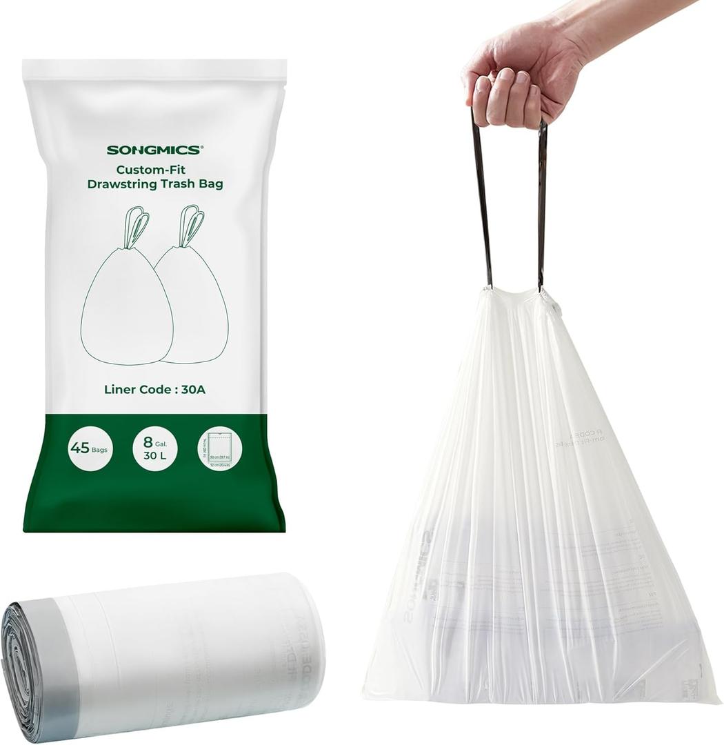 SONGMICS Trash Bags for 8-Gallon (30 L) Trash Cans, Drawstring Kitchen Garbage Bags, Pre-Separated, Liner Code 30A, 1 Roll, 45 Count, White UKRB30A