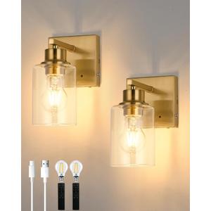Battery Operated Wall Sconce Set of 2, Rechargeable, Cordless, Dimmable, Touch Control, 3000K for Living Room, Bedroom Gold (Include 2 Special Bulbs) (Gold (Clear Tubular Lampshade))