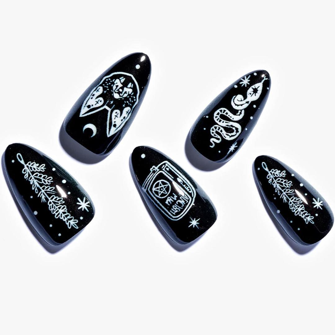 10 x GLAMERMAID Press on Nails Almond,Black Gel False Nails with Design,24 PCS Glue on Nails,Reusable Acrylic Stick on Nails Tips Manicure Set for Women,Primitive Belief