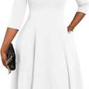 Nmoder Midi Dresses for Women A-Line Fit and Flare Dress 3/4 Sleeve V Neck Cocktail Wedding Guest Work Dress with Pockets (White, XL)