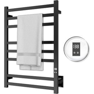 8-Bar Electric Heated Towel Warmer, Fast Heating with Auto Shut-Off Timer, Matte Black Finish, Wall-Mounted Spa Towel Heater, Hardwired or Plug-in Options