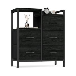 Furnulem 5 Drawer Black Dressers for Bedroom 2 Tier Shelf Storage Small Fabric Dresser for Closet Sturdy Metal Frame Modern Style Storage Cabinets Organization Units for Hallway Rooms