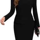 Missufe Women's Crew Neck Long Sleeve Ruched Knee Length Bodycon Casual Dress Sheath Sundress (X-Large, Black)