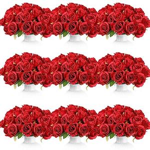 Jexine 120 Pcs Artificial Rose Flowers Bouquet Bulk Silk Realistic Fake Flowers for Wedding Anniversary Bridal Bouquet DIY Floral Arrangement Romantic Home Decor Gifts(Red)