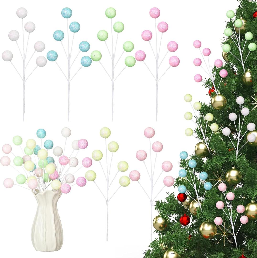 Norme 6 Pcs 12 Inch Pastel Christmas Tree Picks Christmas Ball Ornaments Sticks and Sprays for Wreath DIY Crafts Vase Filler Xmas Branches Tree Topper Home Stairs Decoration