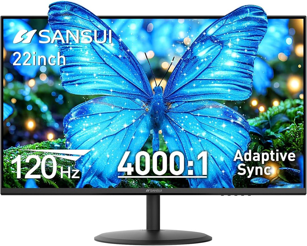 SANSUI 22 Inch 120Hz Monitor, FHD Computer Monitor 4000:1 Contrast Ratio with Adaptive Sync, HDR 100% sRGB, HDMI x 2, VESA Mount, Eye Care for Home/Office (ES-22X3AH, One HDMI Cable Included). (Black)