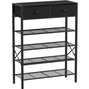 Shoe Rack for Entryway, 5 Tier Shoe Organizer with 2 Non-Woven Drawers, Metal Storage Shoe Shelf for 16-20 Pairs of Shoes, with Wooden Top and Steel Frame, Shoe Stand for Closet Charcoal