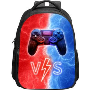 SARA NELL Backpack for Boys Gamer Children's Backpack, Blue and Red Lightning Controller School Backpack for Kids Boys Girls Elementary School, 15.7 Inches Video Game Bookbag Travel Back Pack
