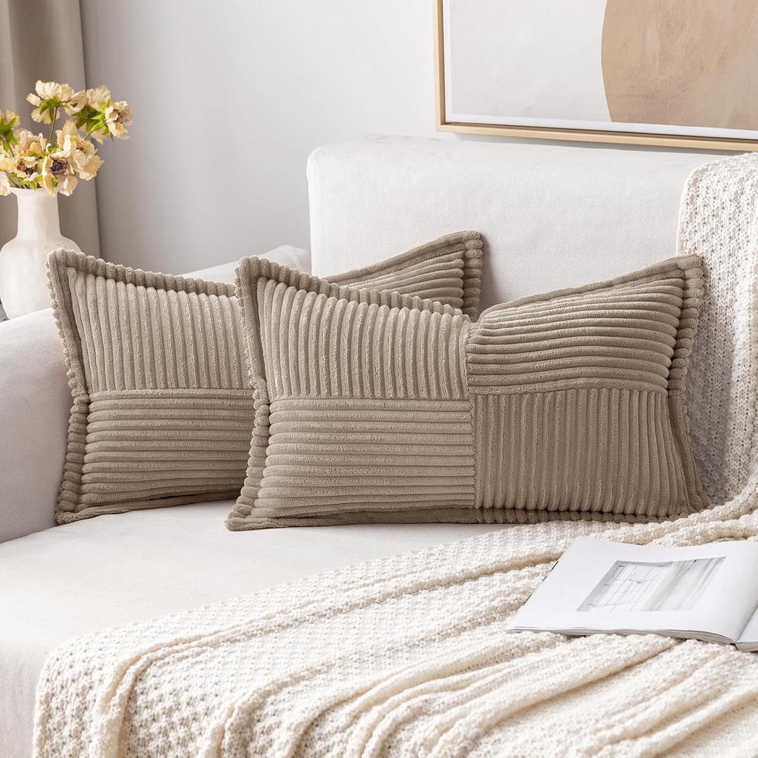 MIULEE Boho Decorative Pillow Covers for Couch Bed Sofa Farmhouse Home Decor 12x20 inch Set of 2 Light Brown Throw Pillow Broadside Soft Corduroy Pillowcase with Splicing Cushion Livingroom