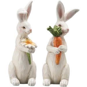 Newman House Studio Easter-Decorations Bunny-Decor Spring-Figurines Table-Centerpiece - 2PC Spring Decorations Resin Rabbits with Carrot and Flower Tabletop Ornaments for Home Farmhouse 4.5H inch