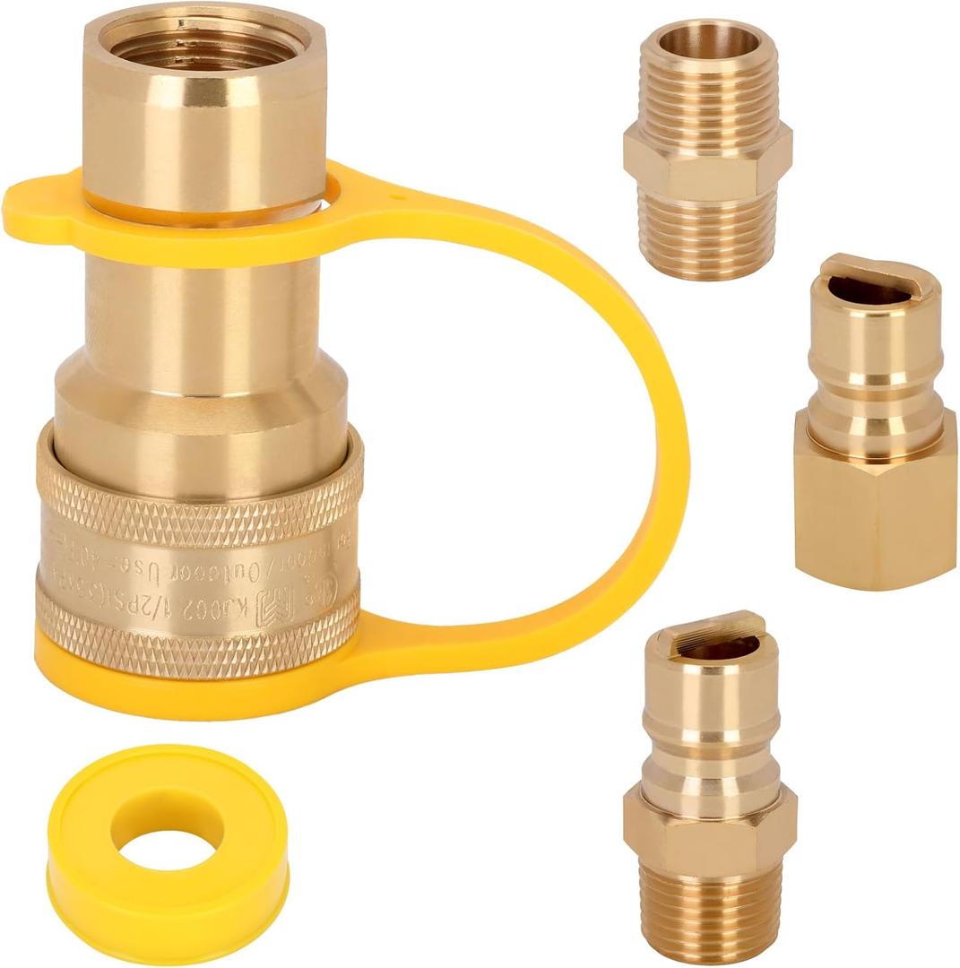 1/2 inch Natural Gas Quick Connect Fittings Kit with Male Insert Plug,100% Solid Brass with Dust Cover for Portable Generator or Bbq Gas Line Connection