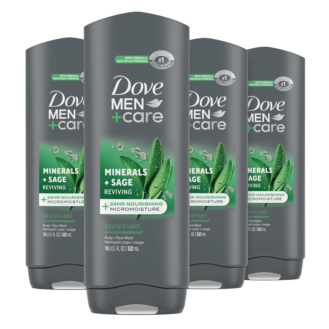Dove Men+Care Body Wash Mineral + Sage 4 Count for Men's Skin Care Effectively Washes Away Bacteria While Nourishing Your Skin, 18 oz