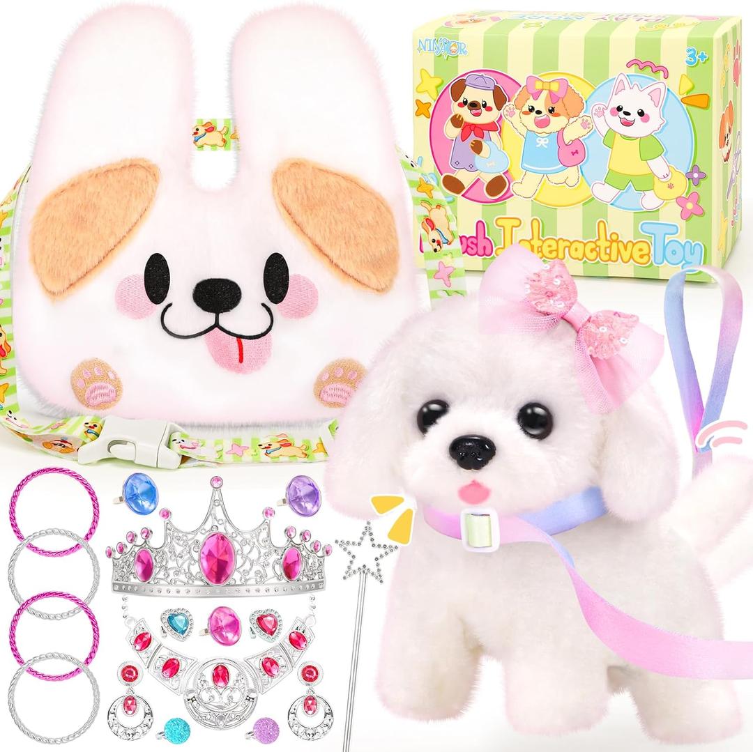 Plush Dog Toys for Kids with Crossbody Bags Princess Jewelry, Robot Puppy with Leash Walking Barking, Pretend Play Dress Up Interactive Stocking Stuffers for Toddler Girl Toys Birthday Gifts