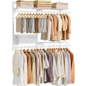 SONGMICS HOME Closet System, Closet Insert Organizer, 2-4 ft, Adjustable Metal Shelving Unit with 4 Hanging Rods, 4 Shelves, and Hooks, for Pantry Mudroom Garage Basement, Cloud White URGR031W01