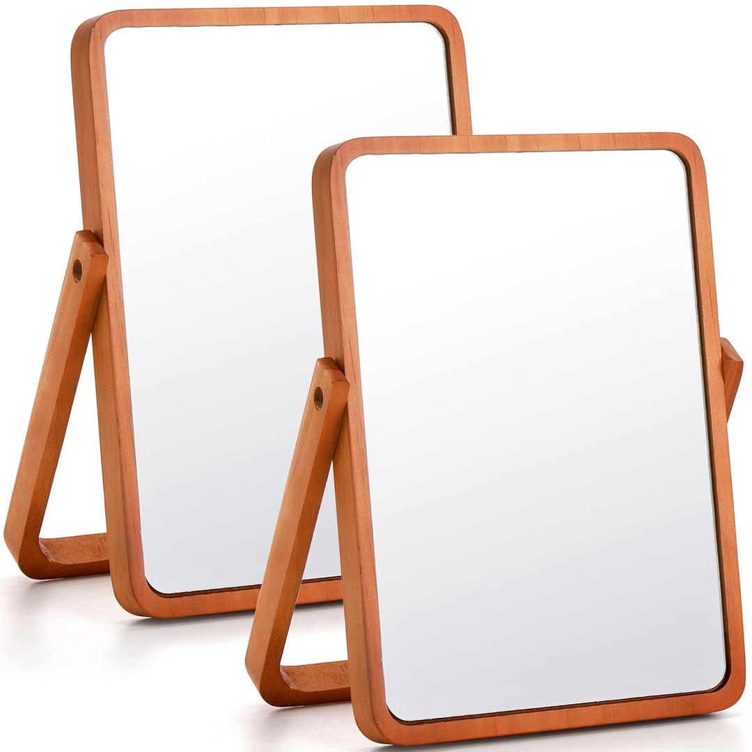 DEAYOU 2 Pack Vanity Mirror with Wood Stand, 360 Degree Rotation Makeup Mirror, 10" Rectangle Standing Swivel Cosmetic Mirror, Portable Wood Tabletop Mirror for Hanging, High-Definition, Pine
