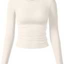 OQQ Womens Shirts Long Sleeve Crew Neck Ruched Stretch Basic Fitted Tee Shirts Tops Beige, L