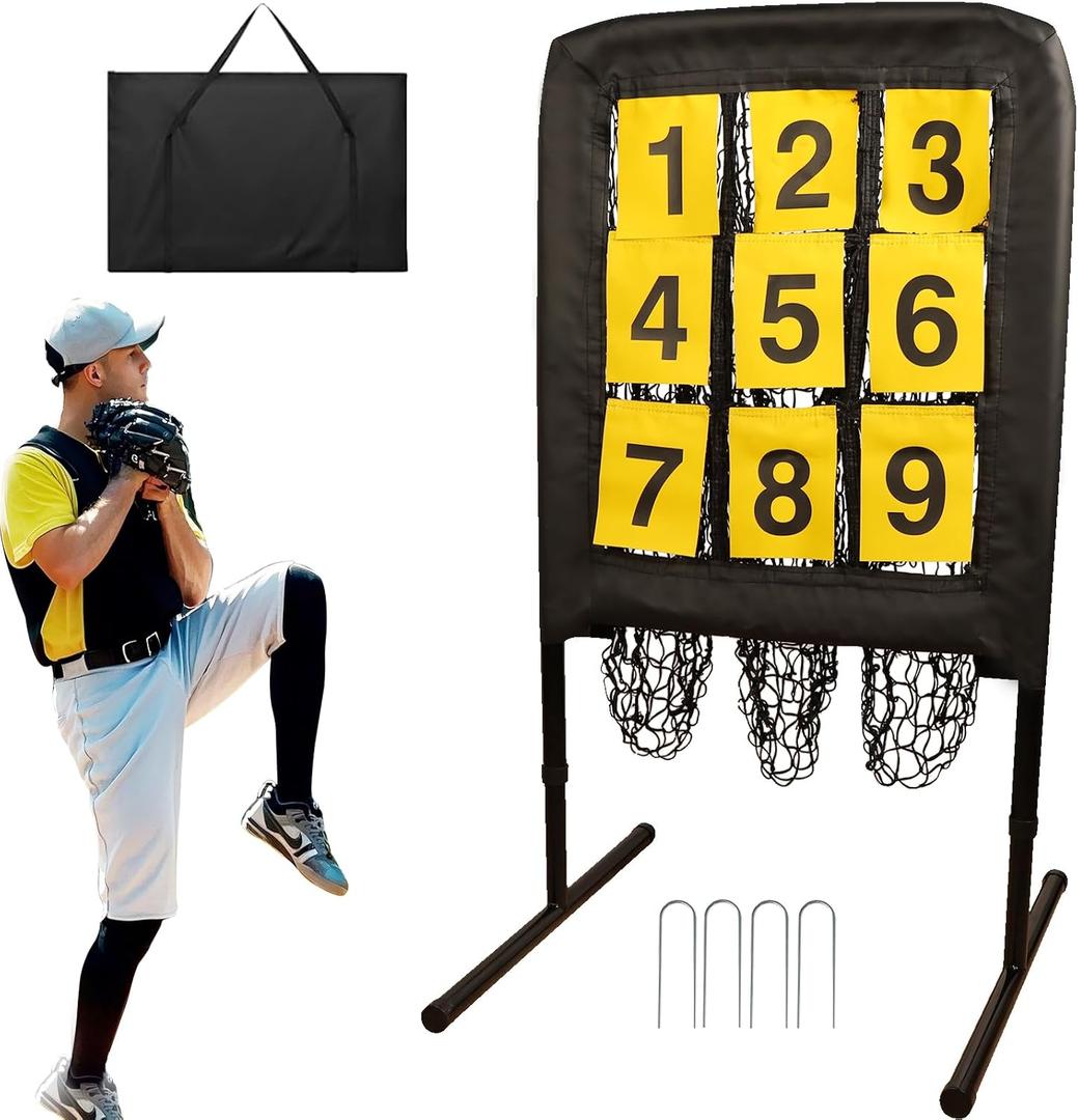 9 Hole Pitching Net with Strike Target | Adjustable Baseball Softball Pitching Training Net | Heavy-Duty 9-Pocket Pitchers Net for Hitting & Throwing