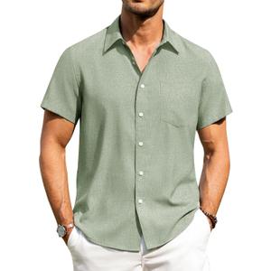 Alimens & Gentle Mens Linen Shirts Short Sleeve Button Down Shirts Wrinkle Free Casual Vacation Beach Summer Tops (Green, XL)