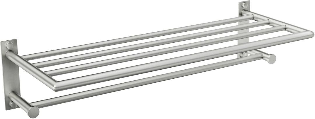 Moen Y5794BN 24-Inch Wide Modern Bathroom Hotel-Style Towel Storage Shelf with Towel Bar, Brushed Nickel