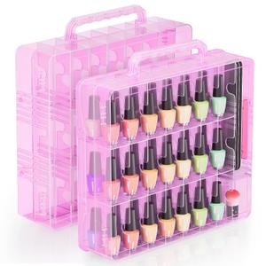 Nail Polish Organizer Pack of 2, Portable 48 Bottles Clear Nail Polish Holder with Adjustable Divider, Gel Nail Polish Storage Double Side Nail Polish Organizer Case for Nail Tech Pink