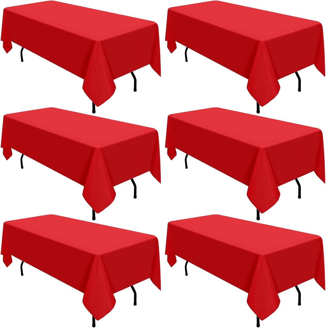 6 Pack Polyester Tablecloth 60 x 102 Inch Red Polyester Table Cloth for 6 Foot Rectangle Tables, Stain and Wrinkle Resistant Washable Table Cover for Kitchen Wedding Banquet Restaurant Party