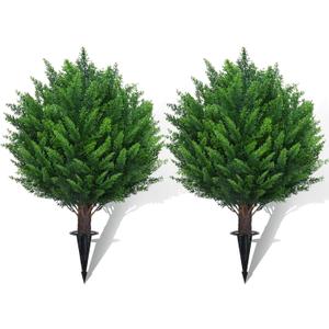 21" Artificial Cedar Topiary Ball Trees with Ground Spike Set of 2 - UV Resistant Faux Shrubs & Bushes Potted Plants for Outdoor Indoor Front Porch Garden