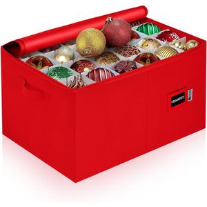 Christmas Ornament Storage Container with Dividers - Box Stores Up to 96 Ornaments, Zippered, Convenient, Adjustable, Large Organizer Bin to Protect Holiday Dcor, Fits Most Standard Size, Red