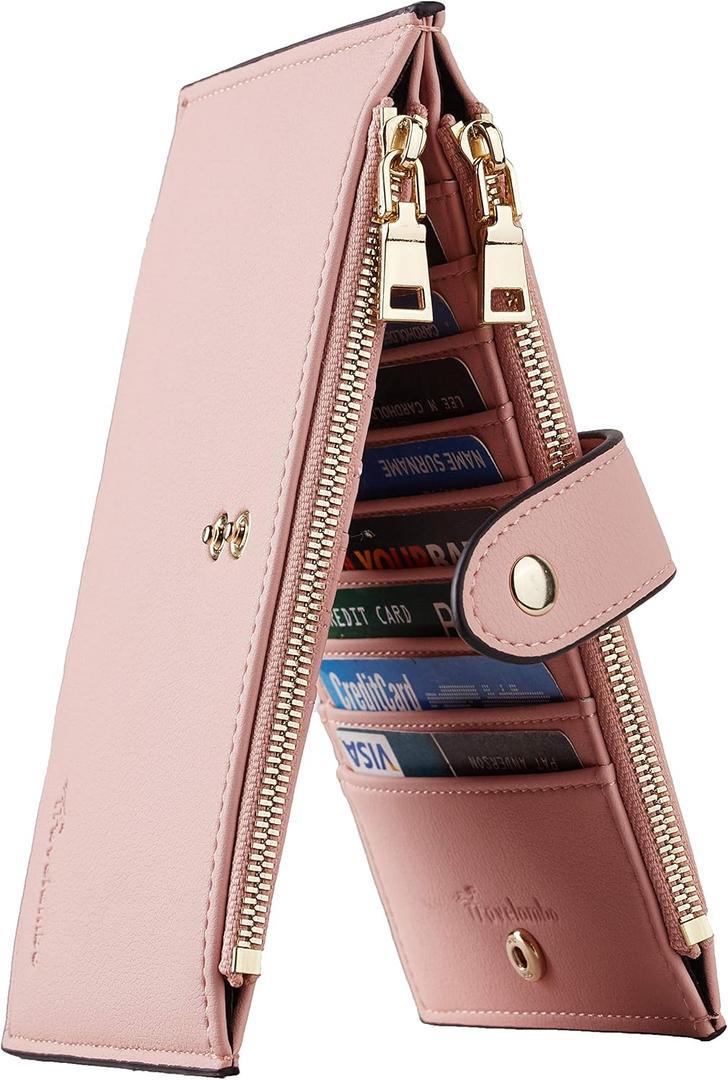 Travelambo Womens Wallet Slim RFID Blocking Bifold Credit Card Holder Wallet with 16 Card Slots, 2 Zippered Pockets (Pink Lotus)