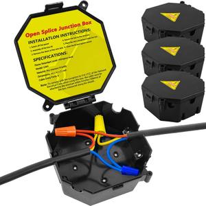 Black Open Splice Junction Box (3 Pack), Electrical Splice Box Wire Junction Box with Cover V0 Flame Retardant Rating(Highest Level)