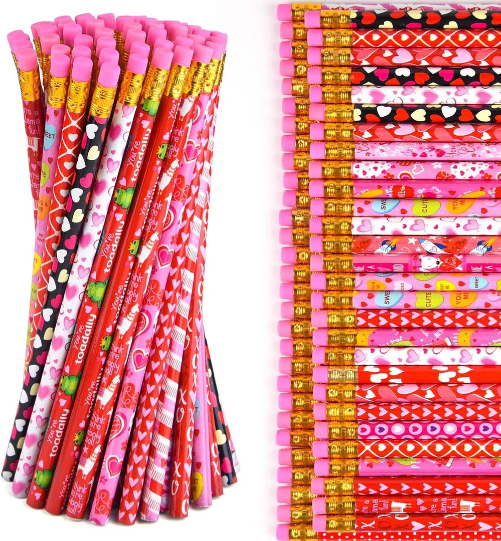 PLULON 60 Pieces Valentine's Day Pencils with Eraser Colorful Wood Pencils Cartoon Valentine Pencils for Kids School Party Valentine's Day Home (60)