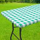 Smiry Rectangle Picnic Table Cloth, Elastic Waterproof Fitted Vinyl Tablecloth for 8 FT Tables, Flannel Backed Buffalo Plaid Table Covers for Dining, Camping, Outdoor (White and Green, 30" x 96")
