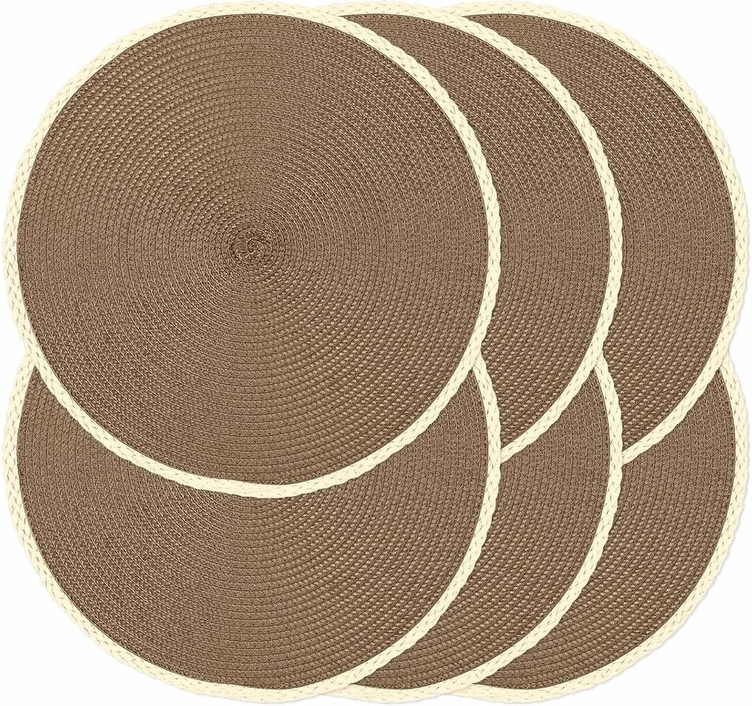 Noctiflorous Braided Round Placemats Set of 6, 15 Inch Woven Table Mats, Non-Slip Washable Thin Edge Place Mats for Kitchen Dining Table Decor (Brown, 6)