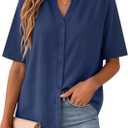 SEMARO Womens Cotton Linen Button Down Shirts Casual Short Sleeve Solid Summer Blouses Tops with Pocket, Blue, XL