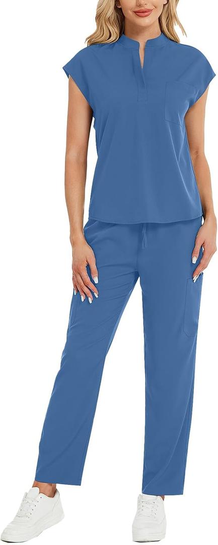 Scrubs for Women Set - Stand-Up V-Neck Scrub Top & Straight-Leg Pants with 5 Pockets,Women's Scrub Set (Blue, M)