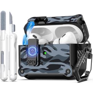 R-fun Compatible with AirPods Pro 2nd Generation 2023(USB-C),2022(Lightning Cable),1st Gen 2019 Charging Case, Full Drop Protection Auto Pop-Up Lid Design with Cleaner Kit,Black 