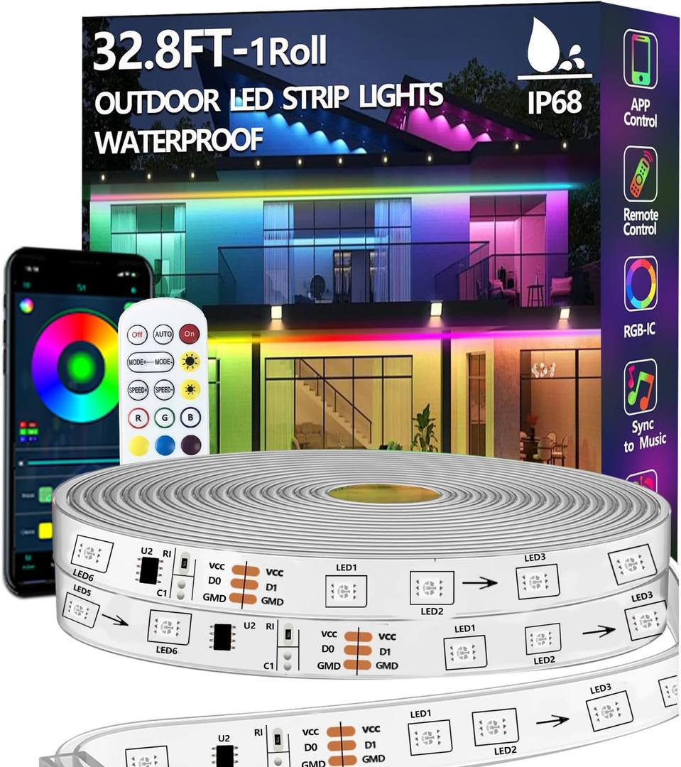 32.8FT Outdoor LED Strip Light Waterproof,IP68 Outside RGB+IC Light Strip with App/Remote Control,Chase Mode,Music Sync Rope Light for Balcony, Deck, Rooftop, Garden, Pool