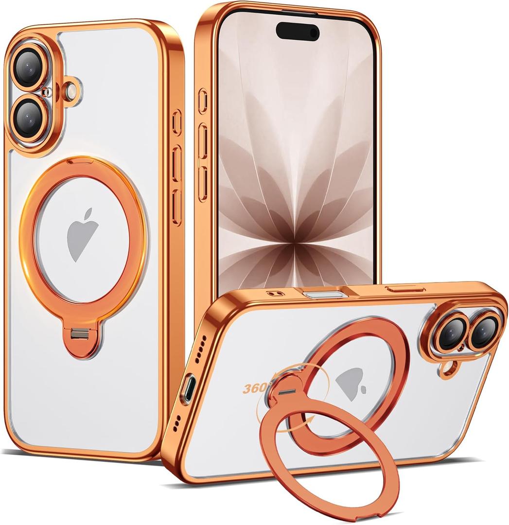 Compatible with iPhone 17 Case with 360 Spin Magnetic Ring Stand [Compatible with Mag-Safe] Full Camera Lens Protector Plating Clear Phone Case for iPhone 17 6.3", Orange
