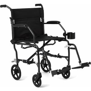 Medline Ultra Lightweight Transport Wheelchair for Adults, Foldable, 19-Inch Seat Width, Black Frame, Black Upholstery, Black