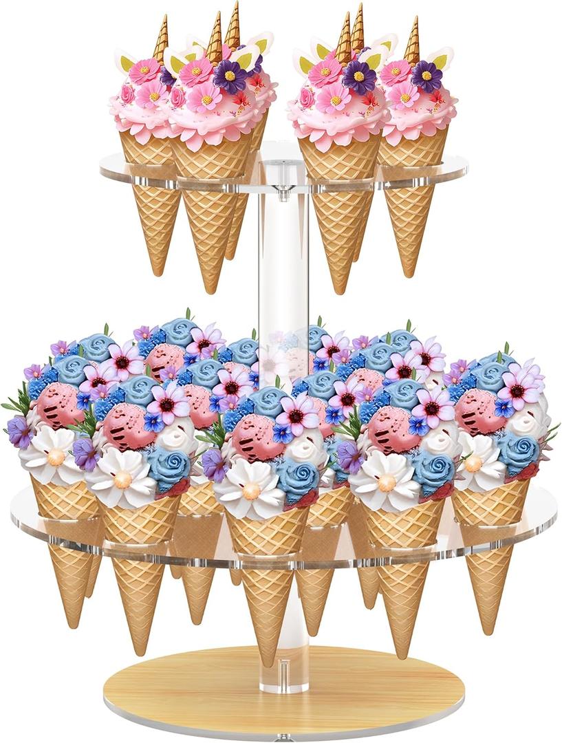 Acrylic Ice Cream Cone Holder, Waffle Sushi Hand Roll Stand, Double Layer Cone Display Stand for Birthday Parties, Weddings