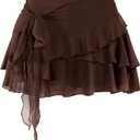 SOFIA'S CHOICE Women Mesh Ruffle Mini Skirt Summer Flowy Tiered Layered Pleated Skirts with Built in Shorts (Brown, S)