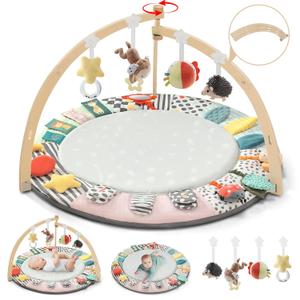 Baby Play Mat Activity Gym,6 Developmental Zones Tummy Time Mat, Foldable Wooden Baby Play Gym with 7 Detachable Sensory Toys for Newborn Brain Development, Essential Baby Shower Set (17X12.9X5 Inch)