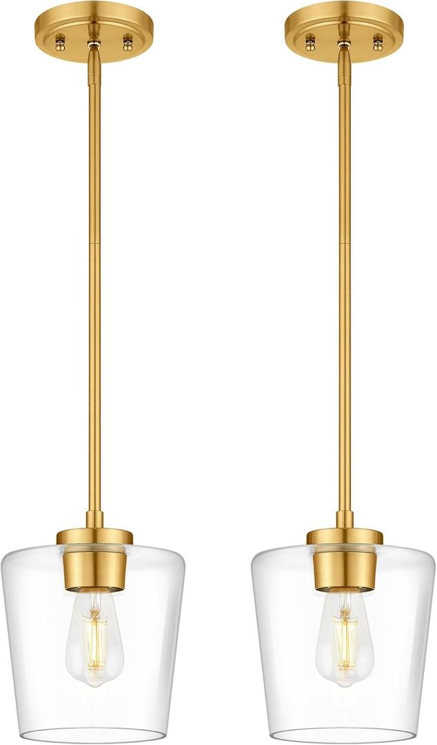 2-Pack Pendant Lights Kitchen Island, 8" Brushed Gold Hanging Lights Fixtures with Clear Glass Shade, Modern Kitchen Pendant Lighting Over Island for Dining Room, AD-22004-1P2L-GD-C, 7.8"